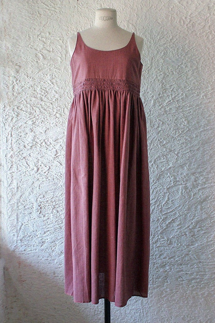 Smocking khadi cotton dress - Burgundy navycheck