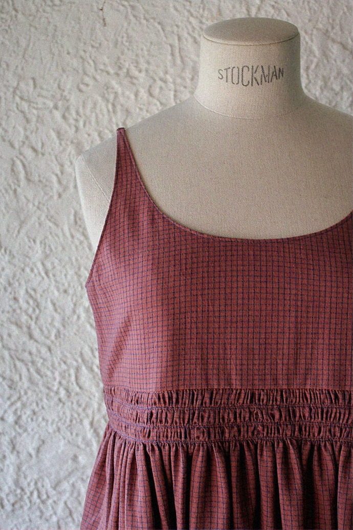 Smocking khadi cotton dress - Burgundy navycheck