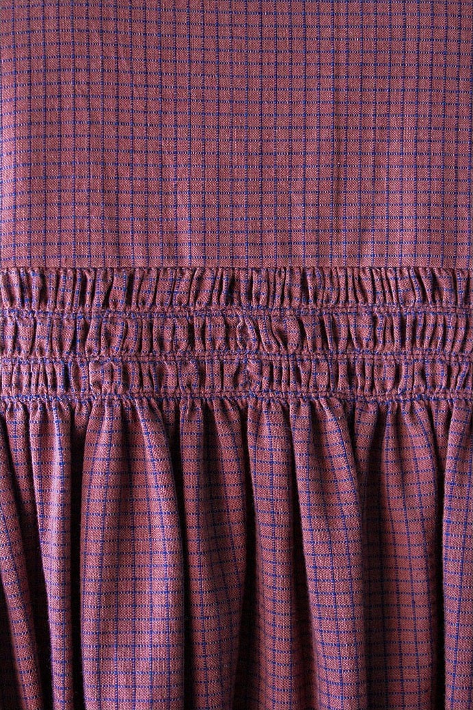 Smocking khadi cotton dress - Burgundy navycheck