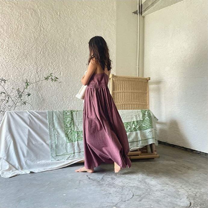 Smocking khadi cotton dress - Burgundy navycheck