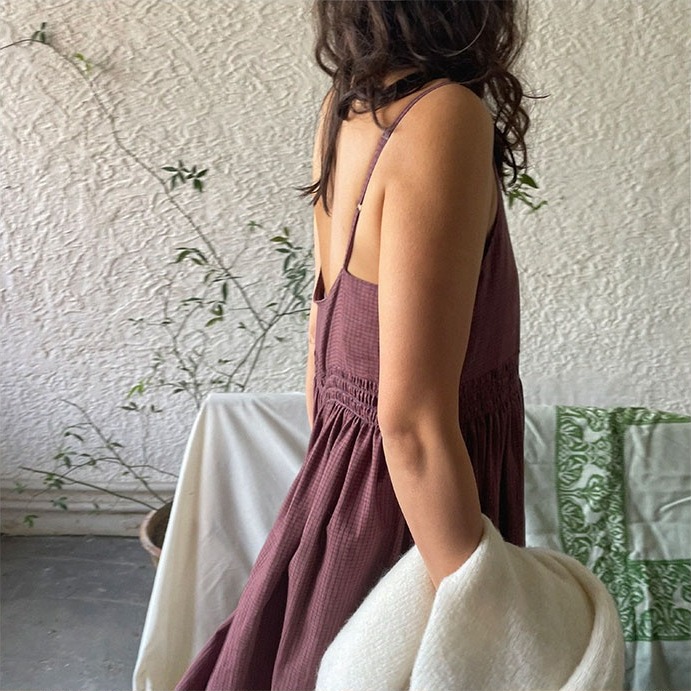 Smocking khadi cotton dress - Burgundy navycheck