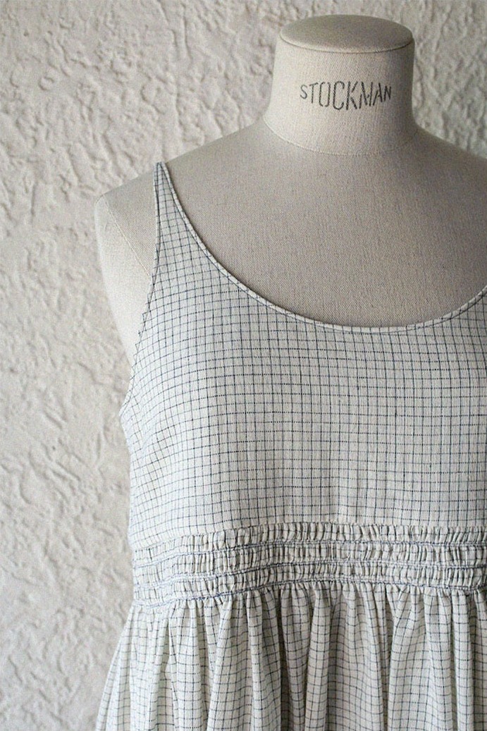 Smocking khadi cotton dress - Ecru navy check