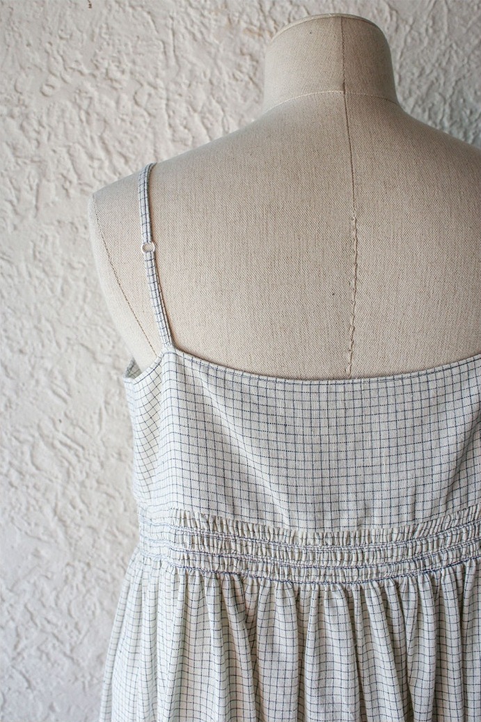 Smocking khadi cotton dress - Ecru navy check