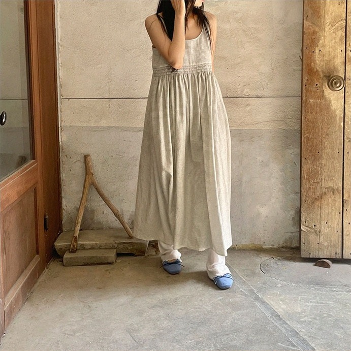 Smocking khadi cotton dress - Ecru navy check