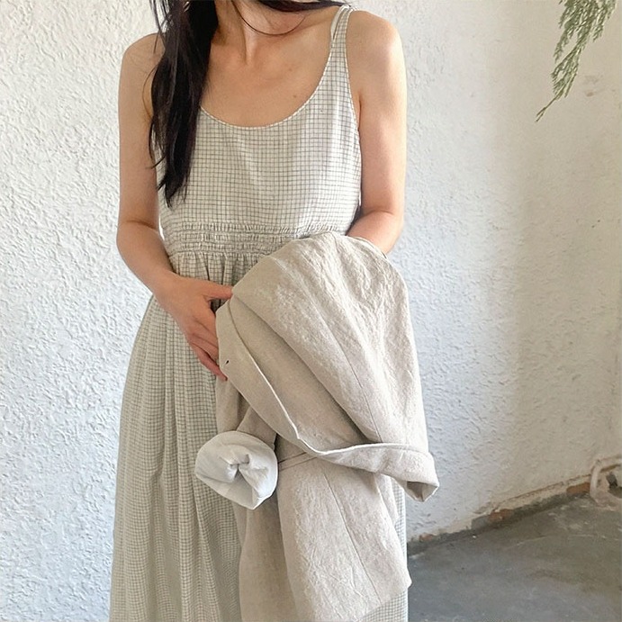 Smocking khadi cotton dress - Ecru navy check